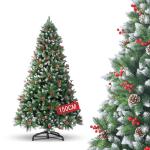 Nordmann-kerstboom met sneeuweffect, dennenappels en rode bessen, automatische dennenboom, kunstkerstboom met metalen standaard, Nordmann-spar, moeilijk ontvlambare kerstboom voor 
