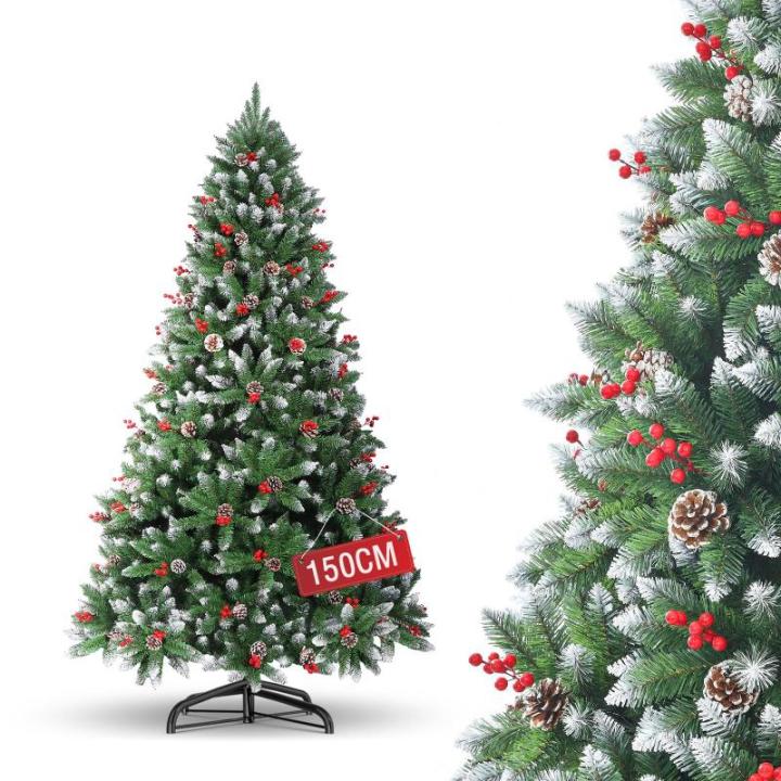 Nordmann-kerstboom met sneeuweffect, dennenappels en rode bessen, automatische dennenboom, kunstkerstboom met metalen standaard, Nordmann-spar, moeilijk ontvlambare kerstboom voor 