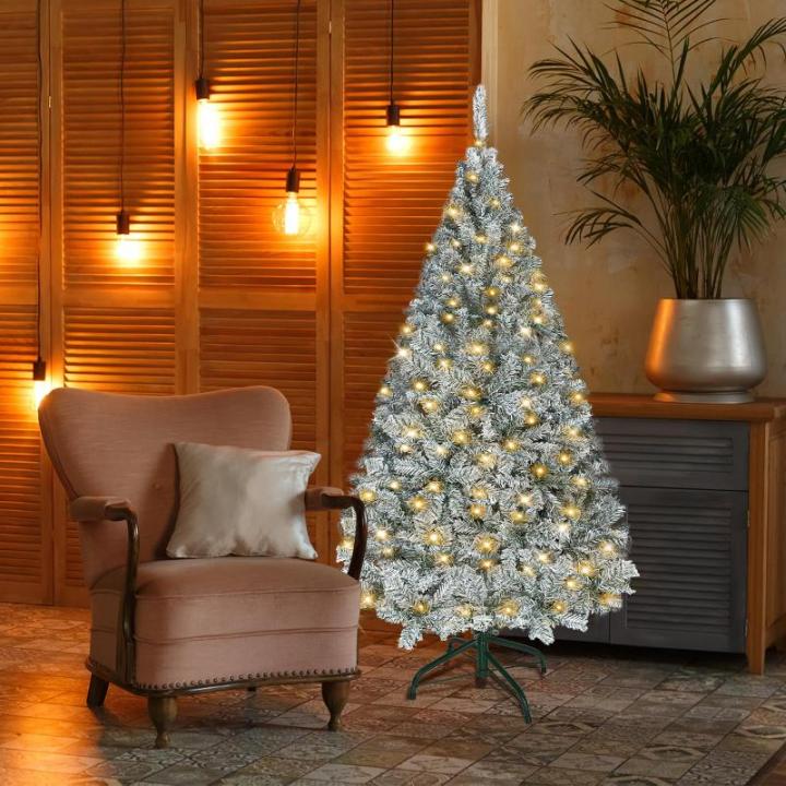 Kunstkerstboom, 150 cm, pvc, automatische kunstkerstboom met standaard, kunstkerstdecoratie, met flocking, sneeuw