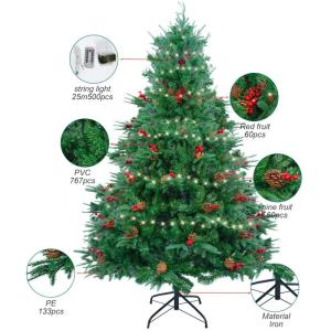 210 cm kerstboom met 25 m 500 leds lichtsnoer, pvc + PE kunstkerstboom met boom 900 takken/60 gemengde dennennaalden/60 rode bessen voor Kerstmis feestelijke decoratie