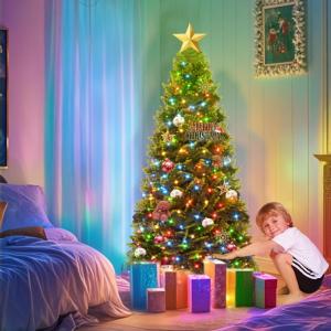 Kunstkerstboom met verlichting, 210 cm, PVC/PE, natuurgetrouw met kleurrijke led en metalen houder, kerstboom, kerstdecoratie