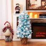 90 cm Mini künstlicher Weihnachtsbaum, Tannenbaum klein mit Schnee & Zementbasis, Chirstbaum mit 136 Spitzen, 12 Wattekugeln & 24 Weihnachtskugeln, Kunstbaum Dekobaum für Zuhause