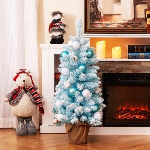 Künstlicher Weihnachtsbaum 90cm, Kleiner Dekobaum, Tannenbaum mit natürlichen Baumwollbällchen & Dekorativen Kugeln, Christbaum mit 136 Spitzen, Kunstbaum für innen (Blau)