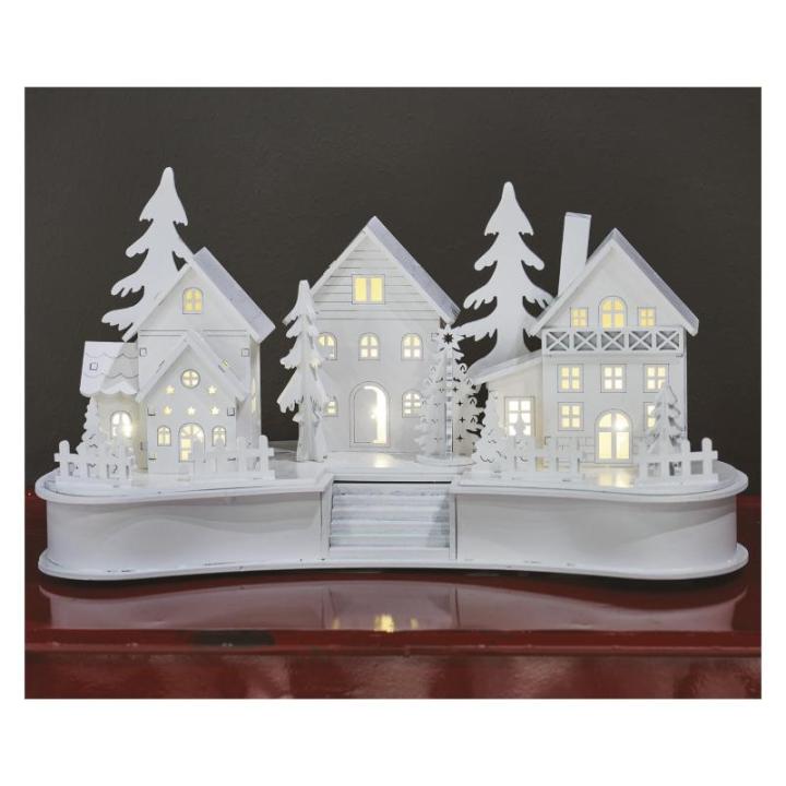 DCWW21 Lichtgevend kerstdorp van hout, 6 leds, warm wit licht, kerstdecoratie, winterdorp op batterijen (2 x AA), IP20 binnen, 6/18 uur timerfunctie, levensduur 10.000 uur