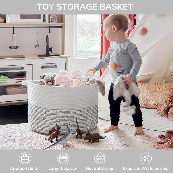 XXL grote wasmand, opbergmand, wasmand voor kinderen, opbergmand voor speelgoed, katoenen touw, mand met handvat voor dekens en kussens, 55 x 35 cm, wit met