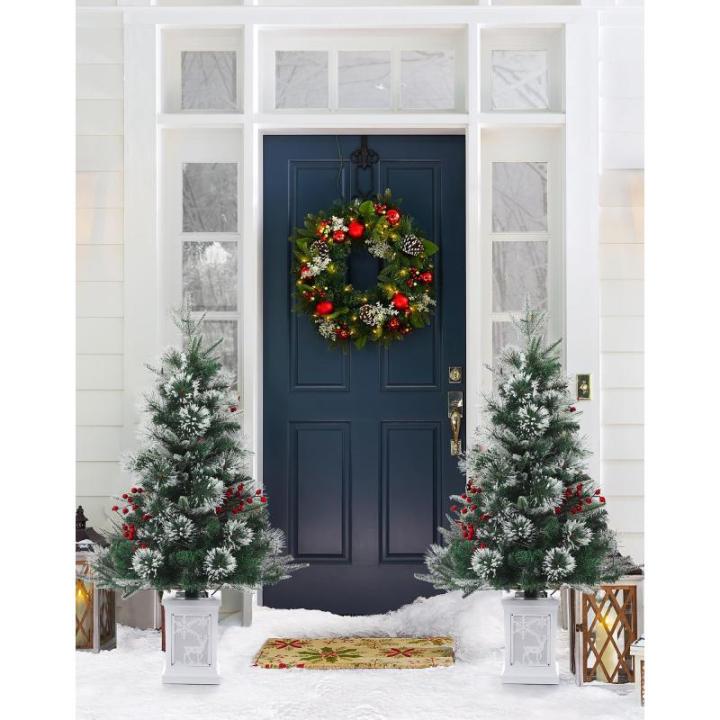 Kunstkerstboom, 90 cm, met 78 verlichting, sneeuwvlokken, op batterijen, pre-lit premium met rode bessen, kerstdecoratie voor thuis, kantoor, witte basis