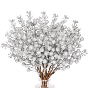 Kunstbessen kerstdecoratie, 24 stuks kunstbessendecoratie, kunstbessentakken voor kerstboom, decoratie, handwerk, bruiloft, vakantie, winterdecoratie, zilverkleurig