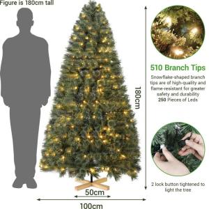 Nordmanntanne Kunstkerstboom, Levensechte Voorbehandelde Dennennaalden, Kerstboom met Handgemaakte Houten Standaard, Vakantie Decoratie voor Thuis en Winkel, 250 Warm Witte Lampjes