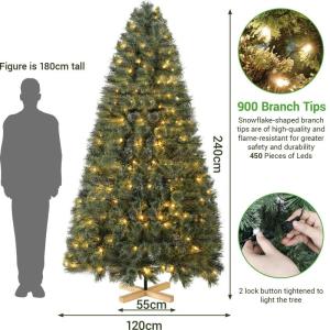Nordmanntanne Kunstkerstboom, Levensechte Voorbehandelde Dennennaalden, Kerstboom met Handgemaakte Houten Standaard, Vakantie Decoratie voor Thuis en Winkel, 450 Warm Witte Lampjes