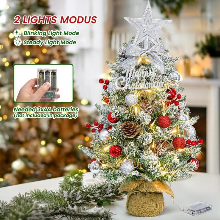 Mini-kerstboom met verlichting, led-tafel, rood, zilver, 60 cm