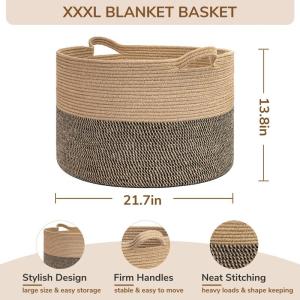 Dekenmand, grote manden voor opslag, speelgoedmanden opslag kinderen, 21,7 x 13,8 inch katoenen touwmand voor woonkamer, rieten manden om te organiseren, 90 l, zwart en jute