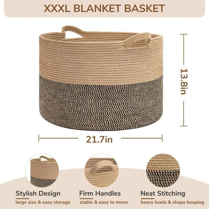 Dekenmand, grote manden voor opslag, speelgoedmanden opslag kinderen, 21,7 x 13,8 inch katoenen touwmand voor woonkamer, rieten manden om te organiseren, 90 l, zwart en jute