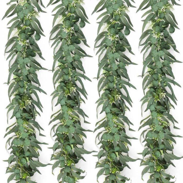Kunstmatige eucalyptus met wilgenbladeren, slinger, 4 stuks, kunstgroen, bladerenslinger, hangende wijnstokken, plant voor bruiloft, thuis, tafel, tuindecoratie