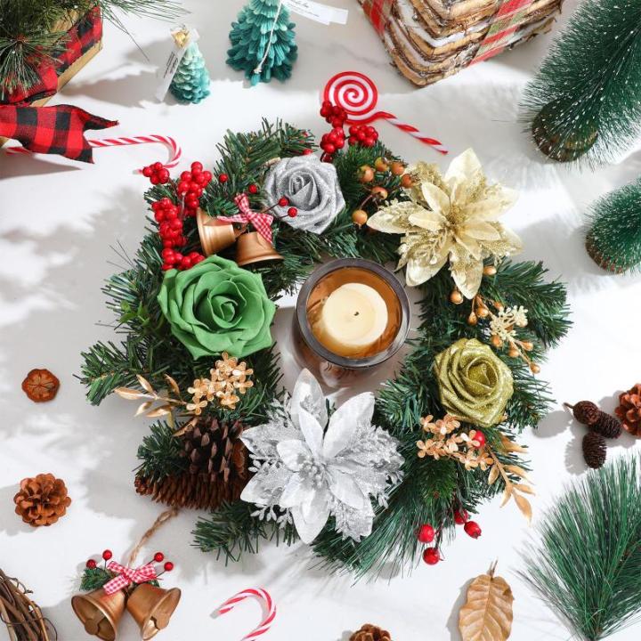 Kunstkerstbloemen, mix van zijden bloemen, kunstrozen met stelen voor zelfgemaakte bruiloft, bruidsboeketten, tafeldecoratie, woondecoratie.