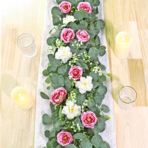 Künstliche Eukalyptus-Blumengirlande mit weiß-rosa Rosen, künstliche Pflanzen, Seide, Blumen, grüne Girlande, Kunstschleierkraut, Efeu-Ranken für Hochzeitsdekoration, Zuhause,