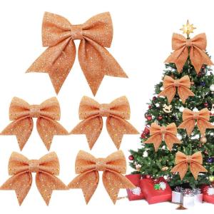 1 + 4 stuks roségouden strikken kerstkerstboomstrikken, glitter kerstboomversiering voor familiefeesten, feestdecoratie voor Kerstmis, vakantie, bruiloft, feesten (2 maat)