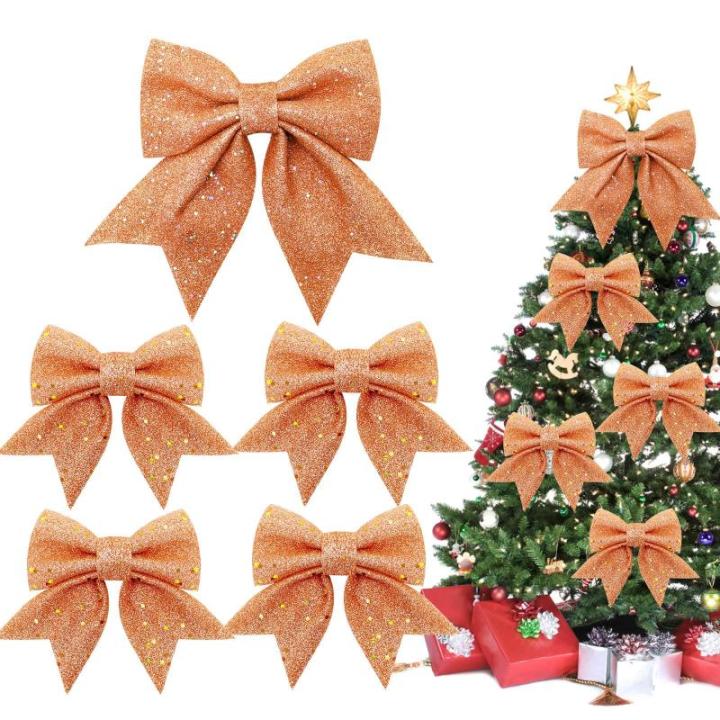 1 + 4 stuks roségouden strikken kerstkerstboomstrikken, glitter kerstboomversiering voor familiefeesten, feestdecoratie voor Kerstmis, vakantie, bruiloft, feesten (2 maat)