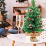 Kunstkerstboom, 60 cm, met dennenappels, rode bessen, groene dennenbladeren, 70 punten, linnen, katoen en cementbasis, voor kerstdecoraties