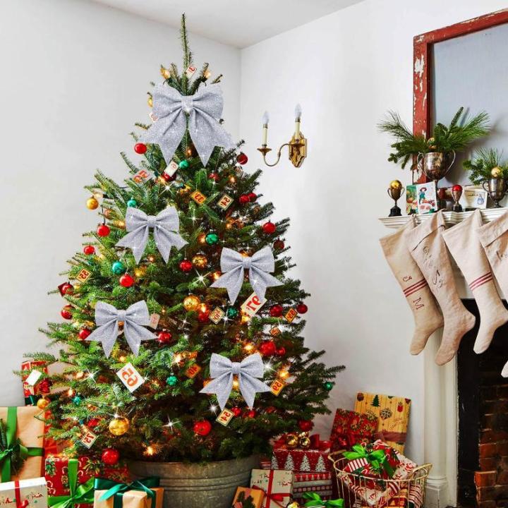 1 + 4 stuks zilveren strikken Kerstmis kerstboom strikken glitter kerstboomversiering voor familiefeesten feestdecoratie voor Kerstmis vakantie bruiloft feesten (2 maat)