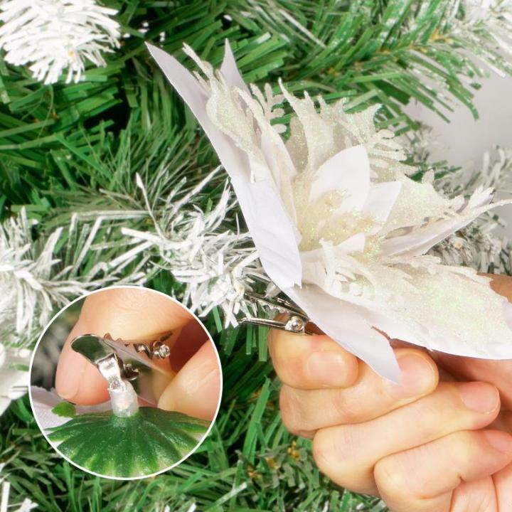 12 stuks glitter kerstster bloemen kerstbloemen met 12 stuks kunststof wortelstokken 12 stuks clips kunstglitter kerstboom bloemen voor kerstboom Nieuwjaar decoraties