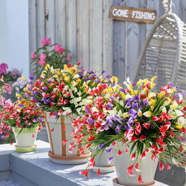Calla Lily Kunstbloemen, 8 bundels kunstbloemen, UV-bestendige plastic bloemen, , balkon, boeket, planten voor balkon, tuin, raam, binnen en buiten