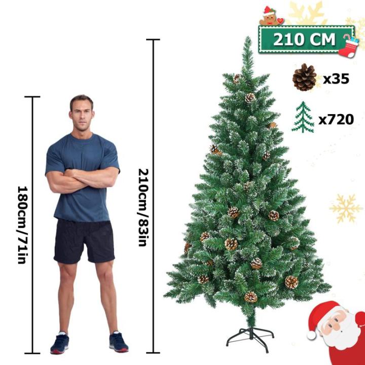 Kunstkerstboom, 210 cm, pvc, met sneeuweffect, dennenappels, kerstboom met snel op te bouwen, klapsysteem, brandvertragende kunstdennenboom met metalen standaard