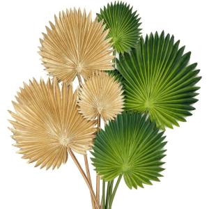 Kunstplant 6 stuks palmbladeren groen goud tropische PU kunstbladeren met flexibele steel, palmbladeren voor bloemstuk, tuin, feest, kantoor, decoratie