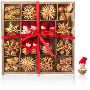 56-delige strosterrenset - sterren, bellen, dennenbomen en traditionele figuren als kerstboomversiering - kleine stro - natuurlijke kerstboomversieringen