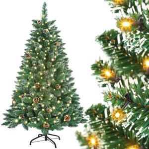 Kerstboom met verlichting, wintermagie serie, kunstkerstboom met kunstsneeuwcoating, 180 leds, 20 dennenappels, 367 takken en metalen standaard, van pvc, hoogte 150 cm
