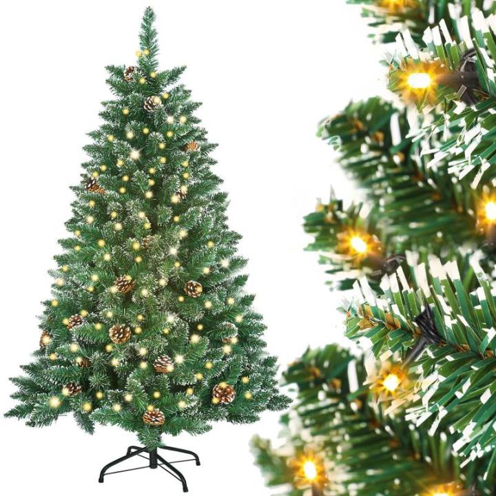 Kerstboom met verlichting, wintermagie serie, kunstkerstboom met kunstsneeuwcoating, 180 leds, 20 dennenappels, 367 takken en metalen standaard, van pvc, hoogte 150 cm