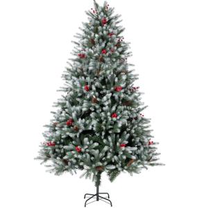 Kunstkerstboom, 210 cm, dicht gevulde takken, premium PE/pvc, kerstboom met dennenappels en rode bessen, houten standaard
