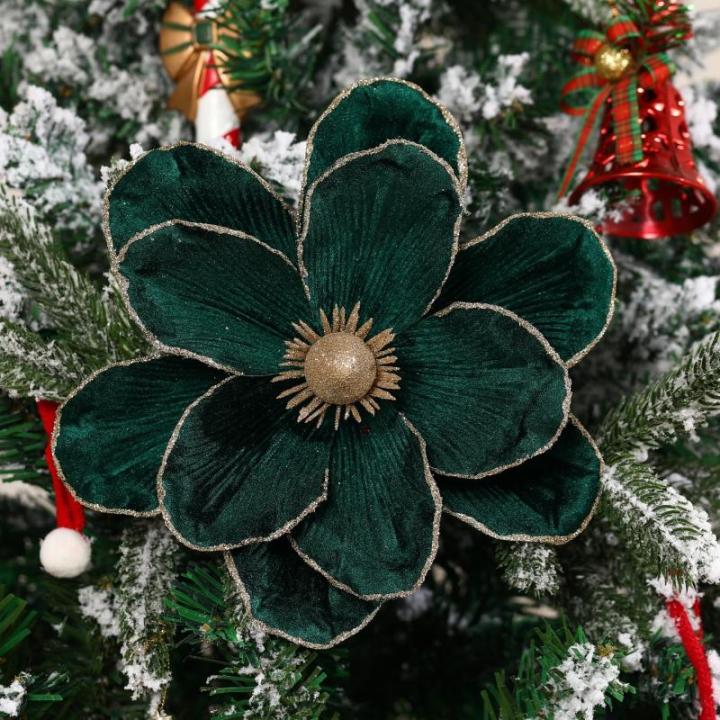 große Glitzer-Weihnachtsblumen, 6 Stück, künstliche Magnolien-Blumen, Samt, gefaltet, Weihnachtsbaum, Blumen, Dekorationen, Weihnachtsbaum, Neujahr Home Ornamente (Grün)