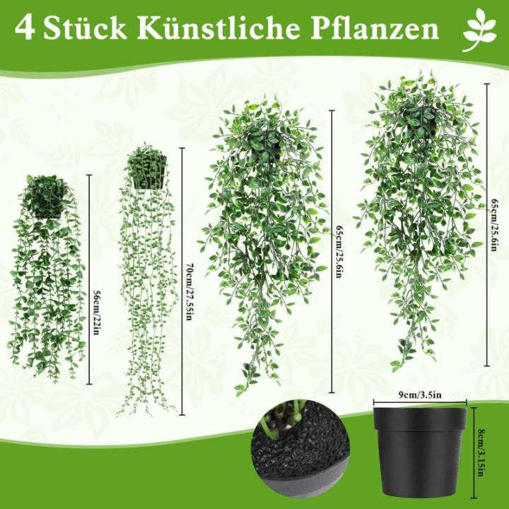 Kunsthangplanten, 4 stuks, in pot, , 65 cm, eucalyptus, parelchlorofyt, datura, stramonium voor terras, muur, woonkamer decoratie