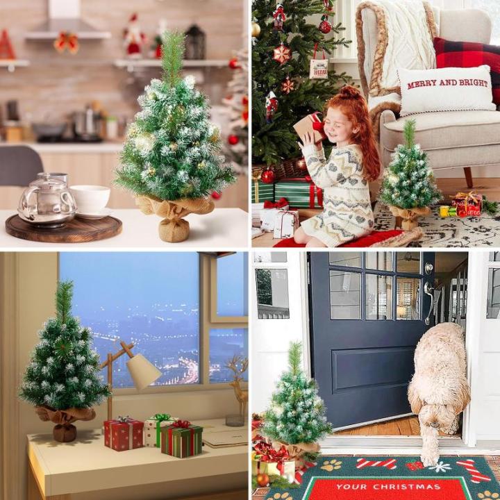 60 cm kunstkerstboom met sneeuwvlokkendecoratie, 2 soorten dennenbladeren, 65 punten, linnen katoen en cementbasis voor kerstdecoraties