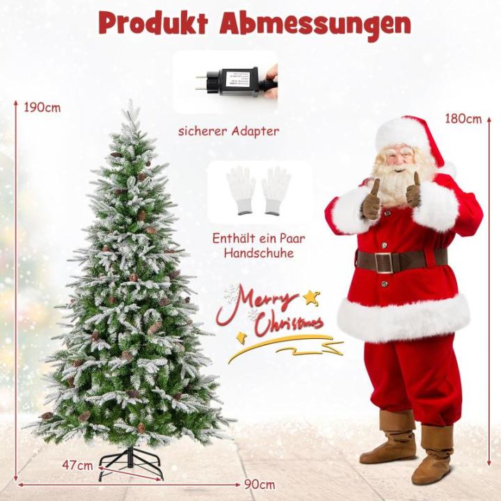 Kunstkerstboom van 190 cm met verlichting en sneeuw, dennenboom met 280 warmwitte ledlampen en 62 dennenappels, kerstboom met scharnierstructuur, kunstboom voor thuis