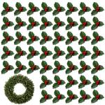 50pcs rote Weihnachtsverzierung Set Mini Faux Holly & Beeren Dekorationen DIY Weihnachtsblumen Dekor mit Drahthalterung für schwimmende Kerzen Vase Holiday Dekor, Weihnachtsschmuc