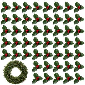 50pcs rote Weihnachtsverzierung Set Mini Faux Holly & Beeren Dekorationen DIY Weihnachtsblumen Dekor mit Drahthalterung für schwimmende Kerzen Vase Holiday Dekor, Weihnachtsschmuc