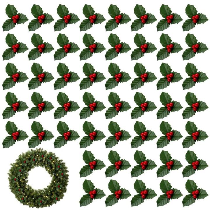 50pcs rote Weihnachtsverzierung Set Mini Faux Holly & Beeren Dekorationen DIY Weihnachtsblumen Dekor mit Drahthalterung für schwimmende Kerzen Vase Holiday Dekor, Weihnachtsschmuc