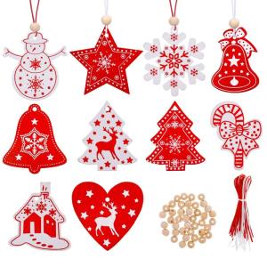 40 stuks kerstdecoraties, dennenboom, , kerstboomversieringen, 10 stijl, met touw, creatieve versiering voor Kerstmis, doe-het-zelf, feest, rood en wit