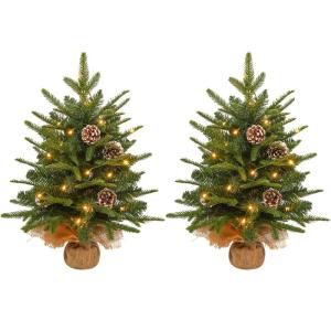 2X Weihnachtsbaum mit Deko Lichterkette 30 LED warm weiß Batterie, 60 cm Mini Kunstweihnachtsbaum mit Pinienzapfen, Tisch-Weihnachtsbaum, Weihnachtsdeko, Material PE+PVC,für Weih