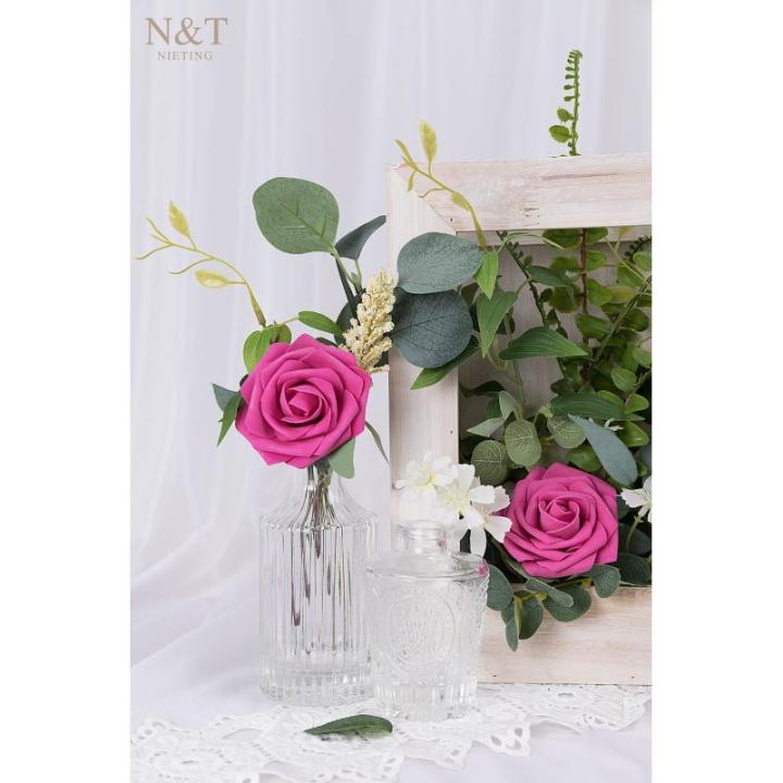 Kunstbloemen, rozen, 25 stuks, kunstrozen met steel, voor doe-het-zelf bruiloft, boeketten, bruid, woondecoratie, hot pink