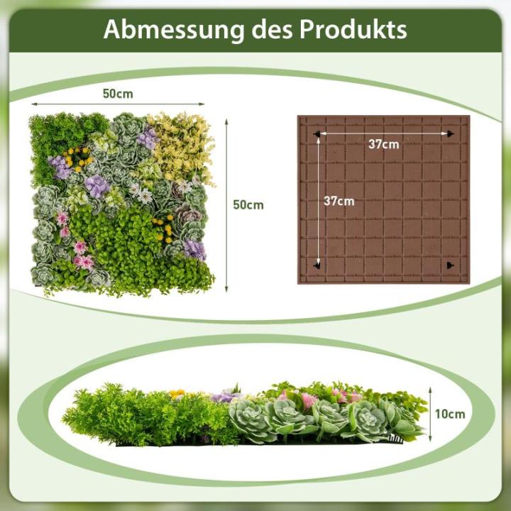 Set van 2 kunstheggen, plantenwand, 50 x 50 cm, panelen met veelzijdige kunstplanten, gesimuleerd gazon, wandplanten, kunstplant voor muur, balkon, tuin, groen (10 soorten)