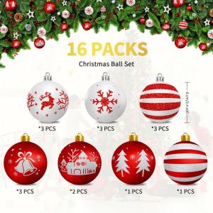 , kunststof kerstboomversiering, 16 stuks, kerstboomversiering, decoratie voor Kerstmis, met sleutelhanger, rood-wit, kerstdecoratie
