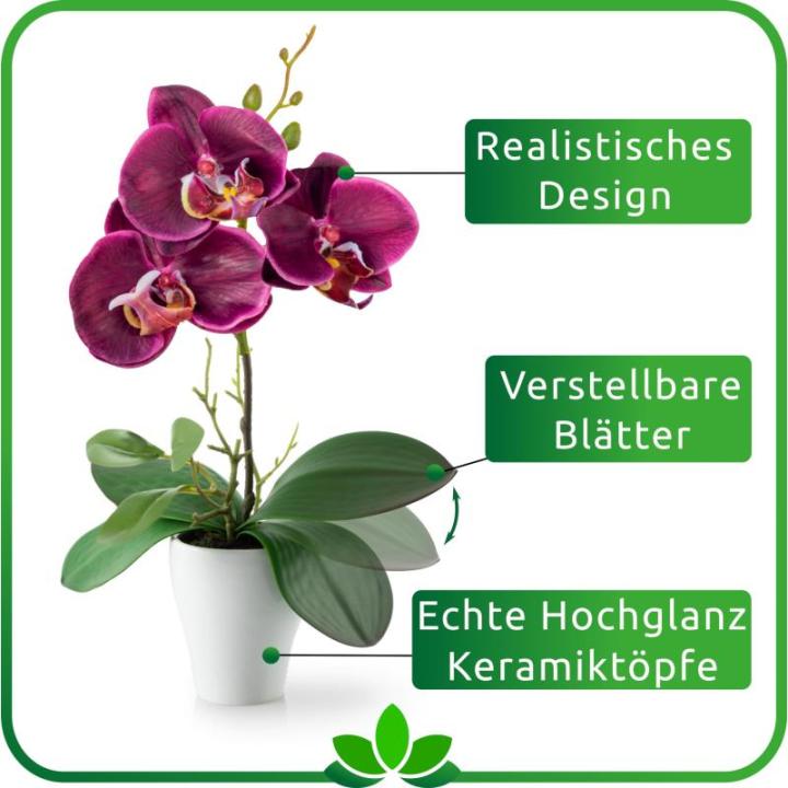 in pot (35 cm), set van 3 kunstorchideeën, kunstmatig afgestemde arrangement in hoogglans-keramische potten, decoratieve kunstorchideeën (paars-roze)