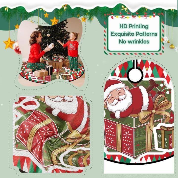 Kerstboomrok, 120 cm, groen-rode kerstboomdeken, grote kerstboomdeken met kerstman, polyester dennenboomdeken, retro kerstboomdeken voor winter, Kerstmis, feestdecoratie, binnen en
