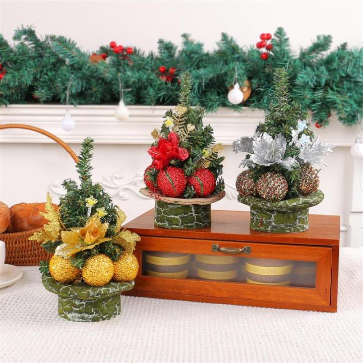 Eleganter Miniatur-Weihnachtsbaum mit goldenen Kugeln, Tannennadel, Schreibtisch-Dekoration für Büro, Urlaub, Dekoration, 5 Stück