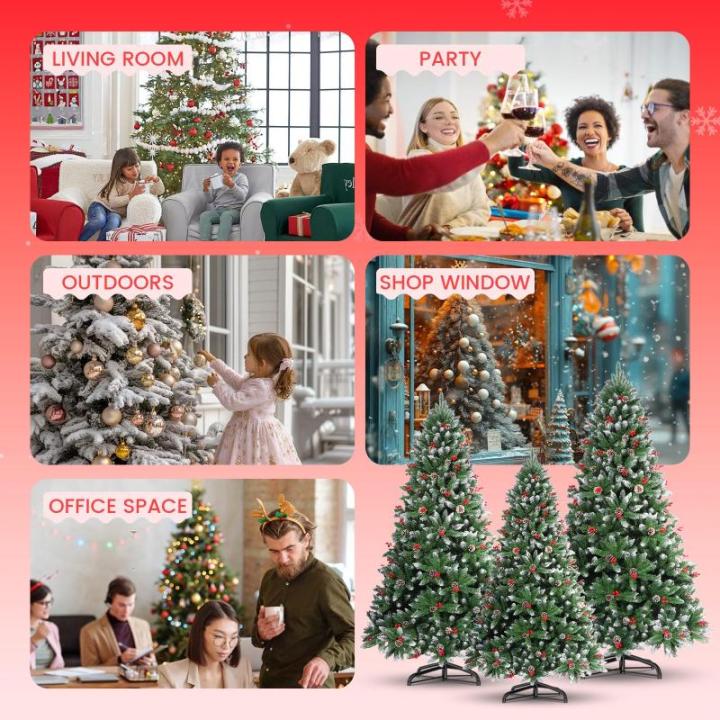 Kunstkerstboom 150 cm, kerstboom met verlichting, met dennenappels, sneeuw, 500 twijgen, kerstboom met metalen standaard