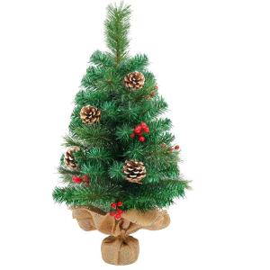 Kunstkerstboom, 60 cm, met dennenappels, rode bessen, groene dennenbladeren, 70 punten, linnen, katoen en cementbasis, voor kerstdecoraties