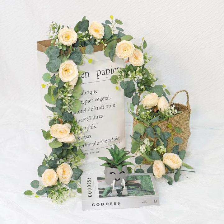 Künstliche Eukalyptus-Blumengirlande mit Champagnerrose, Seidenblumen, Grün, Girlande, Kunstschleierkraut, Efeu, für Hochzeit, Zuhause, Weihnachten, Party, Tischläufer, Dekorat