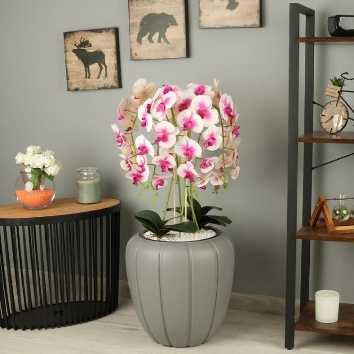 Kunstorchidee, cascade, bloemenboeket, crèmerosa in pot, grijs, 90 cm hoog, rubberen bloemen, 5 scheuten, decoratie voor thuiskantoor